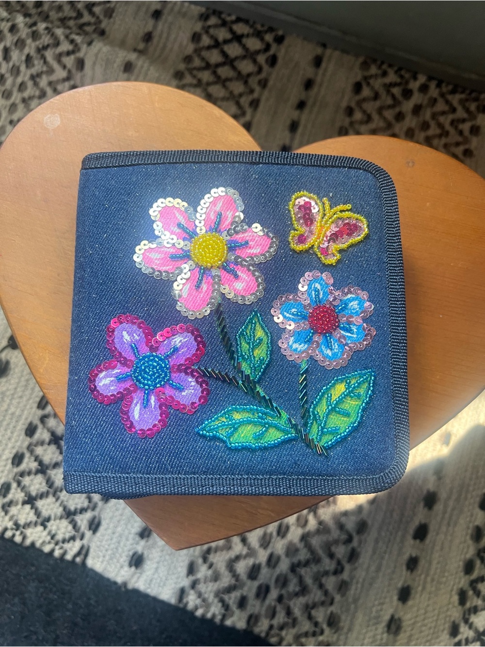 Embroidered Sequin Floral CD Holder - Blue